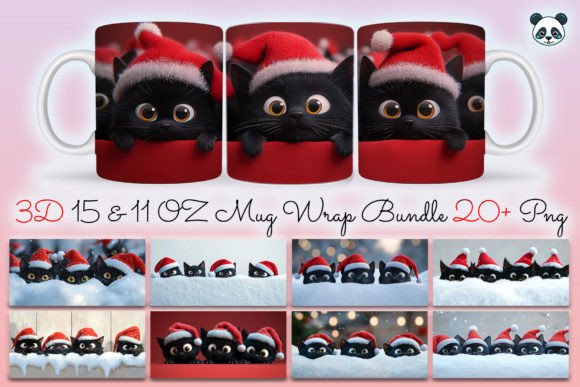 3D Christmas Black Cats Mug Wrap Bundle: Graphics and Crafts for Content